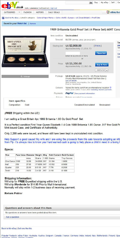 popegrim's eBay Listing Using our 1989 Britannia Gold Proof 4 Coin Set Photograph